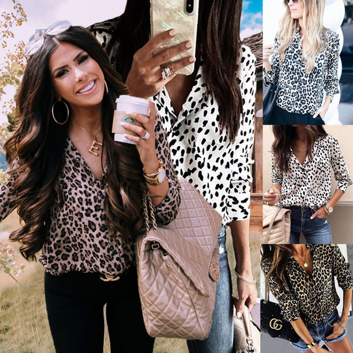 European And American Style Women Printed Leopard Button Women's Long-sleeve Blouse