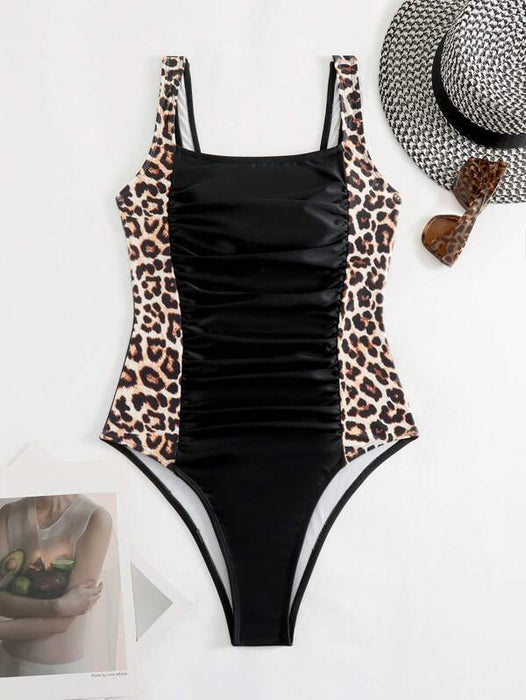 European And American One-piece Swimsuit Solid Color Leopard Print Sling