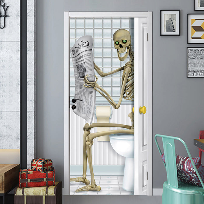 Creative 3D Door Sticker For Halloween Skull Newspaper Reading