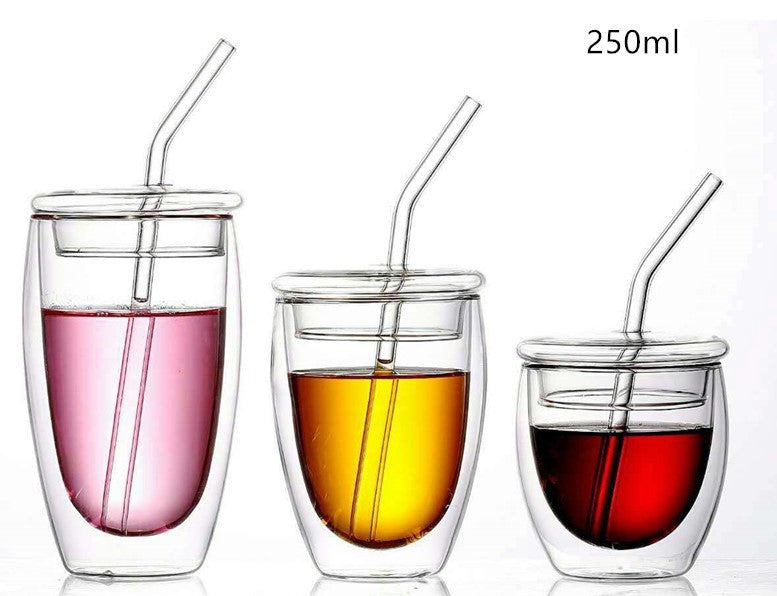 High Borosilicate Glass Double-layer Insulated Cup With Lid Straw