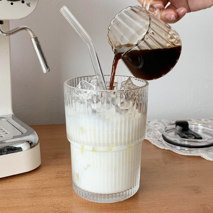 Wind Stripe Coffee Mug With Straw With Lid Glass Handy Mug