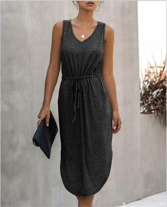 Irregular Cinched Round Neck Vest Dress