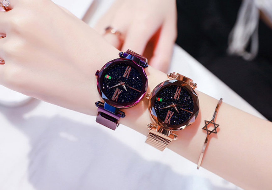 Luxury Women Watches Mesh Ladies Clock Magnet Buckle Starry Diamond Geometric Surface Quartz Wristwatch