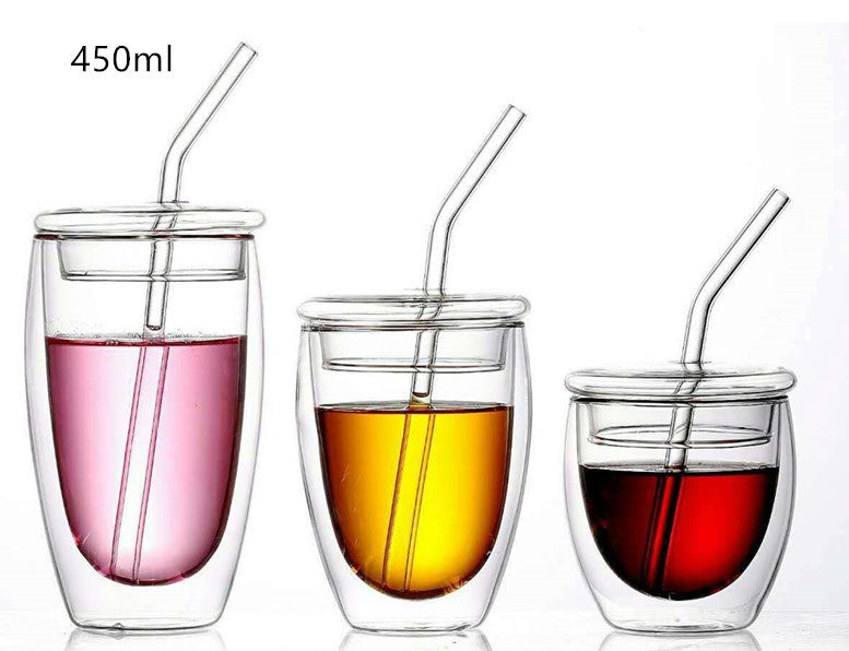 High Borosilicate Glass Double-layer Insulated Cup With Lid Straw