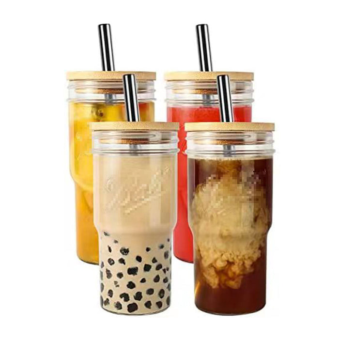 Car Straw Milky Tea Cup With Wooden Lid Glass