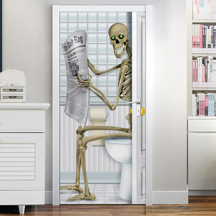 Creative 3D Door Sticker For Halloween Skull Newspaper Reading