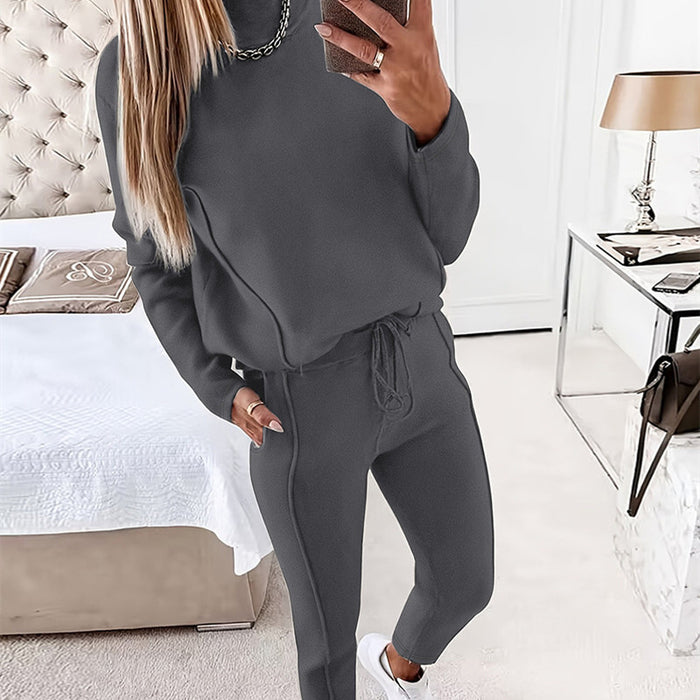 Women's Fashion High Collar Long Sleeve Pocket Trousers Casual Two-piece Suit