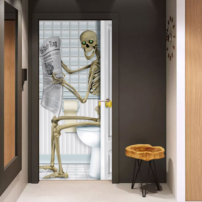 Creative 3D Door Sticker For Halloween Skull Newspaper Reading