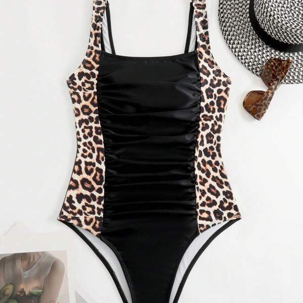 European And American One-piece Swimsuit Solid Color Leopard Print Sling