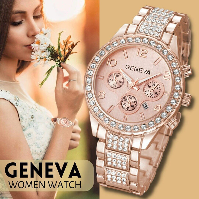 Women Classic Stainless Steel Crystal Quartz Round Analog Wrist Watch For Women