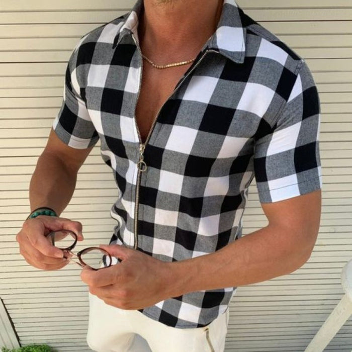 PLAID T SHIRT MENS ZIPPER SHORT SLEEVE SHIRTS SUMMER MEN CLOTHING